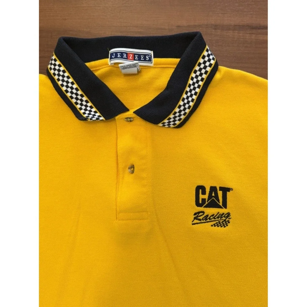 Vintage CAT Racing Polo Shirt Jerzees Yellow Checkered Burton 22 USA Men's Large